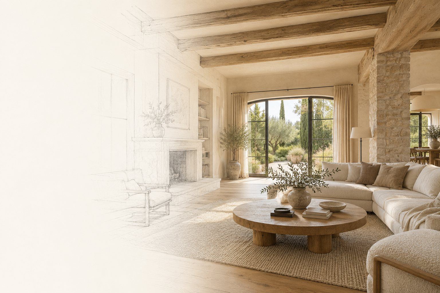 Un salon passe du dessin architectural à un intérieur rénové, en bois et matières naturelles